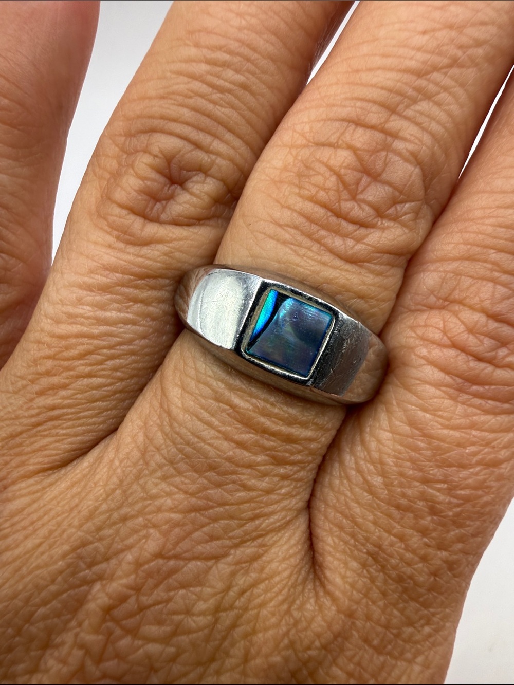 Vintage Silver Tone Abalone Cocktail Statement Ring Size 7
